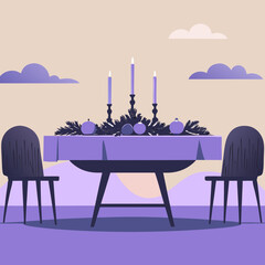 New Year’s table decor. Elegant dining table set for a festive gathering with candles  