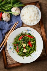 Stir fried morning glory,stir fried water spinach, thai called pad pak bung fai daeng