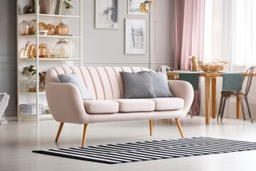 Light pink sofa with gray throw pillows in a modern living room.