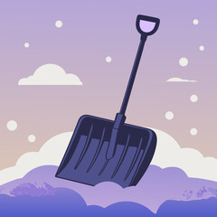 Shovel clearing snow. Snow shovel resting on snow-covered ground under pastel sky  