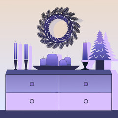 Rustic christmas decor. Decorative winter arrangement with candles and pine wreath in purple  