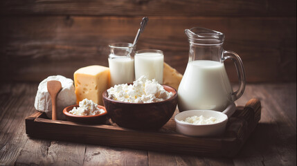 dairy products on wooden table