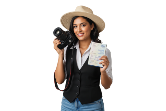 Young Indian woman traveler with a camera and a passport