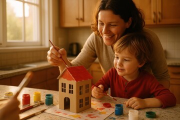 Mother and child painting cardboard house together as creative family activity