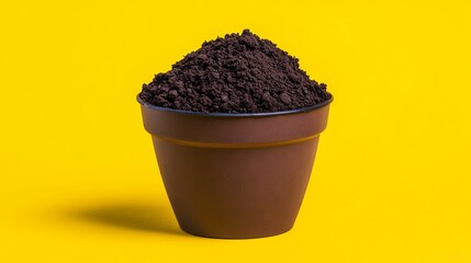 Dark Brown Potting Soil in a Brown Pot Against Yellow Background