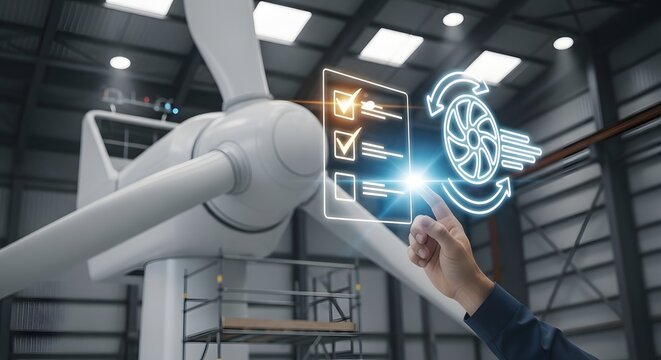 Wind turbine inspection with digital checklist and maintenance interface, sustainable energy technology concept.