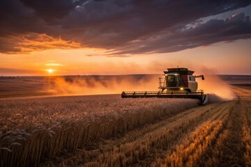 Fototapeta premium Combine harvester working through golden wheat fields at sunset,