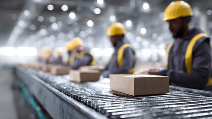 Workers in yellow hard hats and safety vests efficiently package products moving along an automated conveyor belt in a bustling industrial warehouse
