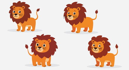 Four cartoon lions with brown manes stand on a white background in a playful style