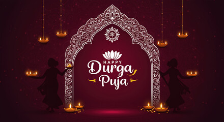 Happy durga puja greeting card with ornate archway and hanging diya lamps on a maroon background