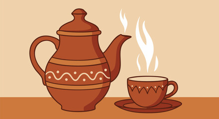 Stylized terracotta teapot and teacup with steam illustration on a beige background