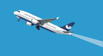 Airplane takes off into a clear blue sky with vapor trail from the engine exhaust