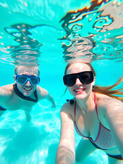Fototapeta premium Caucasian couple of tourists snorkel in crystal turquoise water near Maldives Island