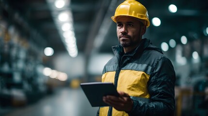 Male supervisor in a yellow hard hat and safety jacket diligently inspecting factory ope ns with a digital tablet