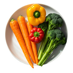 Fresh carrots broccoli and bell peppers on a white plate isolated on white background