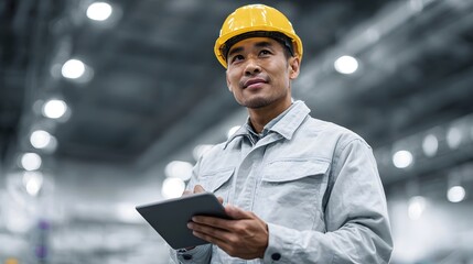 Asian male supervisor in a yellow hard hat and uniform holding a digital tablet while overseeing ope ns in a modern industrial factory
