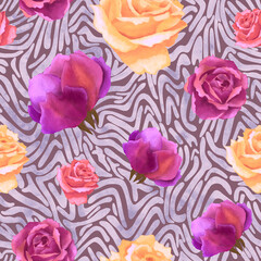 Seamless pattern with hand drawn watercolor roses on trendy zebra print violet background. Bold floral and animal mix for fashion, fabric, wrapping paper, interior decor, and stylish textile design.