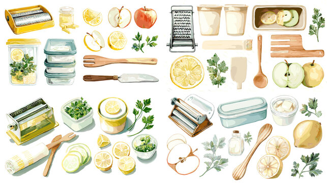 Watercolor cooking ingredients and kitchen tools including apples, lemons, herbs, graters, knives, and jars. Perfect for recipe books, culinary art, and food design.
