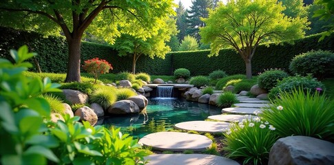 Serene backyard oasis featuring lush greenery, a winding stone path, and a tranquil water feature Perfect for relaxation and outdoor enjoyment , design, backyard