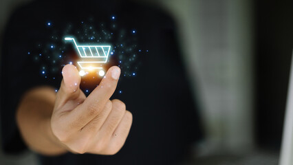 Digital Shopping Cart Icon on Finger Touch E-commerce Online Business Concept