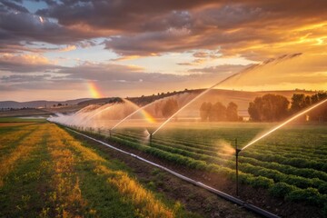 Irrigation sprinklers creating rainbow arcs across farmland