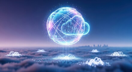 Digital Cloud and Globe Illustration with Futuristic Technology Elements in Blue and Purple Tones