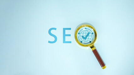 SEO Search Engine Optimization Concept with Magnifying Glass and Global Network