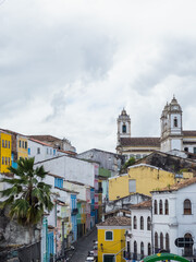 Colorful Colonial Street and Church Towers in Pelourinho, Salvador de Bahía, Brazil