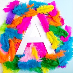 White letter A surrounded by colorful feathers