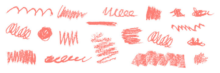Set of vector freehand red strokes featuring bold thick smears, curl and swirl waves, scratchy traces, and pop decorative scrawls. Chalkboard stain effect adds a creative rough handmade touch.