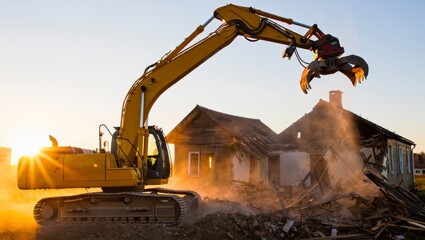 Yellow Excavator With Grapple Attachment