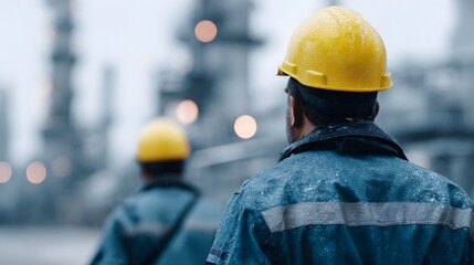 Industrial workers in protective gear walk through a wet chemical plant during an overcast day emphasizing safety and heavy industry