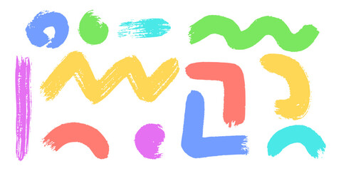 Grunge vector set with isolated brush stains. Features rough texture swash, curly strokes, triangle and circle shapes in yellow. Child style draw template in green, coral, blue, yellow, purple color