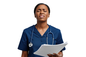 Stressed black woman doctor or nurse holding paperwork