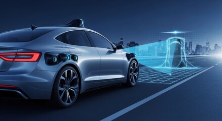 Modern Silver Autonomous Car with Smart Charging Station in Futuristic Cityscape