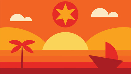 Obraz premium Retro Sunset Over Ocean With Palm Tree And Sailboat water beach