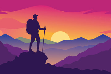 Silhouette Hiker at Sunrise Colorful Mountain Landscape Illustration, Adventure, Outdoor, Travel