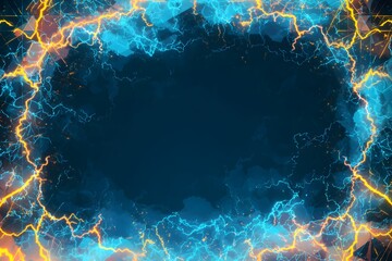 A background with lightning bolts and geometric patterns in blue, yellow, and orange colors. 