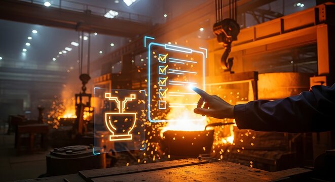 Industrial quality control with digital interface overlaying molten metal in a steel foundry environment.