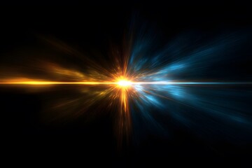 Obraz premium A black background with blue and yellow light streaks coming from the center, creating an abstract cosmic effect.