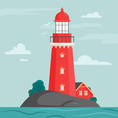 Bright Red Lighthouse Standing Tall on a Rocky Island