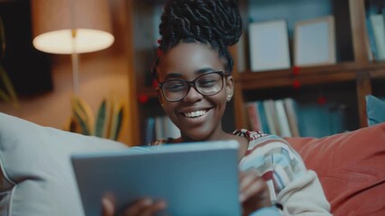 Smiling woman reading e-book - Powered by Adobe