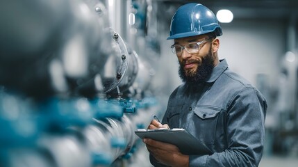 Focused male engineer in a hard hat and glasses diligently inspecting industrial pipes and hinery while taking notes on a clipboard