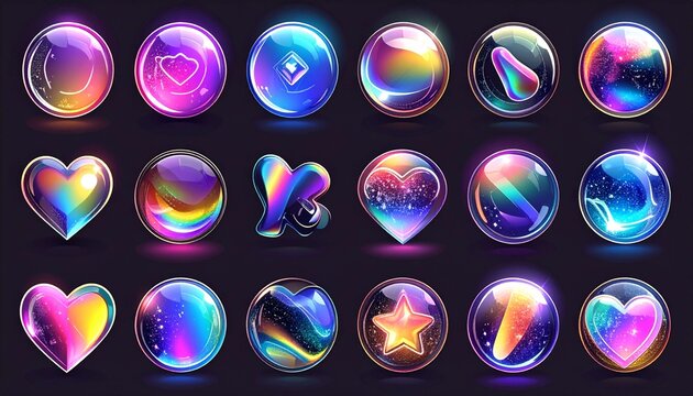 Featuring bubbles, hearts, stars, and abstract shapes with iridescent glass effects and bright neon light reflections. This futuristic and modern design is perfect for user interfaces (UI)