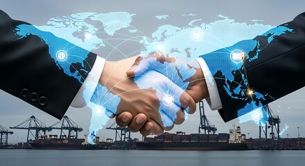 Global business partners shaking hands over a busy port with a digital world map overlay