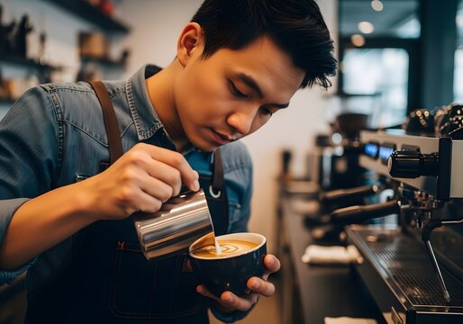 Barista pouring milk into coffee cup - Powered by Adobe