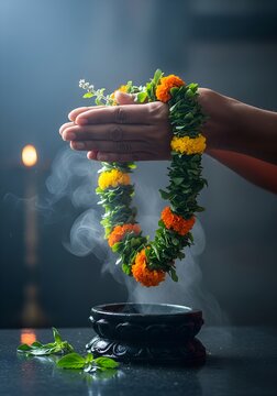 Pre-dawn Devotion: Aged Hands Offering Sacred Tulsi and Marigold Garland to Shani Dev in Ancient Temple's Cool Light