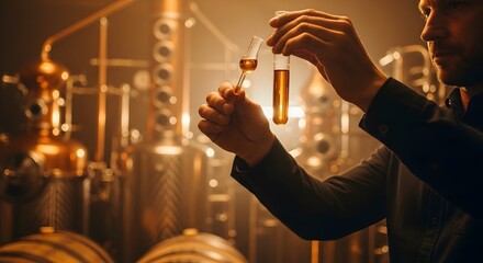 Man holding test tubes with liquid in distillery