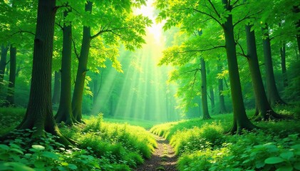 Obraz premium Lush green forest canopy, dappled sunlight filtering through leaves, vibrant green foliage, tranquil atmosphere, peaceful nature scene, dense woodland, rich biodiversity , trees, biodiversity