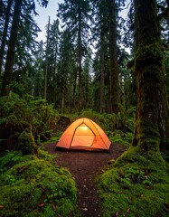 Illuminated tent nestled in a mossy forest